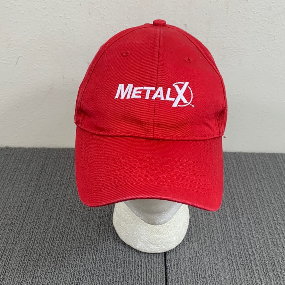 MetalX Baseball Hat Mens Adjustable Red White Strapback Cap Port & Company